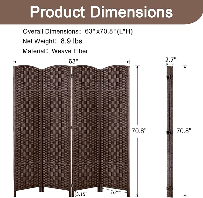 Rose Home Fashion 6 ft Tall Room Divider, Room Dividers and Folding Privacy Screens, 15.7in Privacy Screen 4 Panel Partition Temporary Wall Separation for Private, Brown