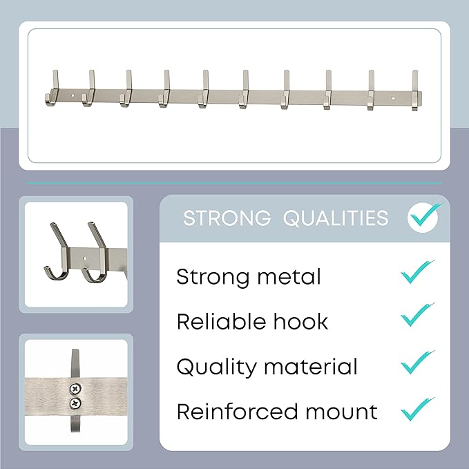 Coat Rack Wall Mount – Brushed Nickel 30 Inch Stainless Steel Hook Rail with 10 Heavy Duty Double Coat Hooks – Wall Mounted Coat Hanger for Entryway, Bathroom, Bedroom, Towel, Hat Organizer - 2 Pack