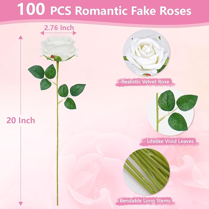BLEUM CADE 100 Pcs White Roses Artificial Flowers, Real Touch Velvet Roses Fake Flowers Bulk, Artificial Roses Bouquet with Long Stems Bridal DIY Wedding Party Centerpiece Decorations
