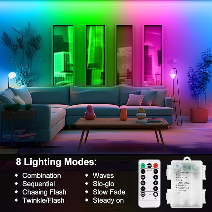 echosari 9.8FT 90Led RGB Strip Lights Battery Powered Remote Control, 8 Modes, Dimmable, Timer, Self-Adhesive, Cuttable, Waterproof, for TV Computer Monitor/Screen Decor