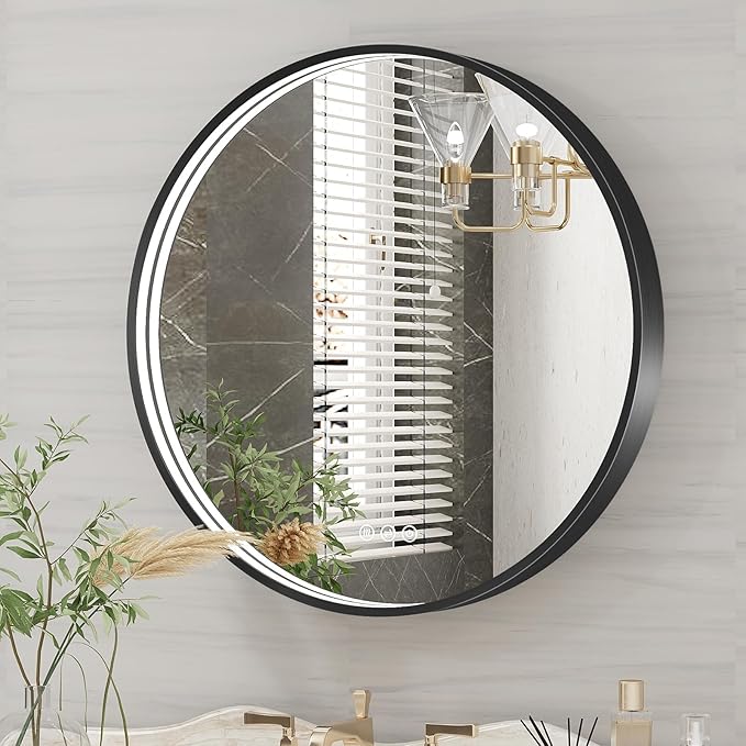 24 Inch Round LED Bathroom Mirror, Black Metal Framed Lighted Mirror for Bathroom, Wall Mouted LED Vanity Mirror with Lights, 3 Colors and Stepless Dimmable, Anti-Fog, Memory