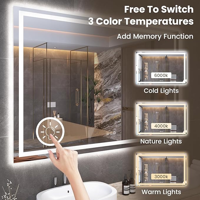 60"X24" LED Bathroom Mirror with Front Lights and Backlit, Anti-Fog, Dimmable, Shatter-Proof Tempered Glass, Lighted Bathroom Vanity Mirror for Wall with 3 Colors, Memory Function