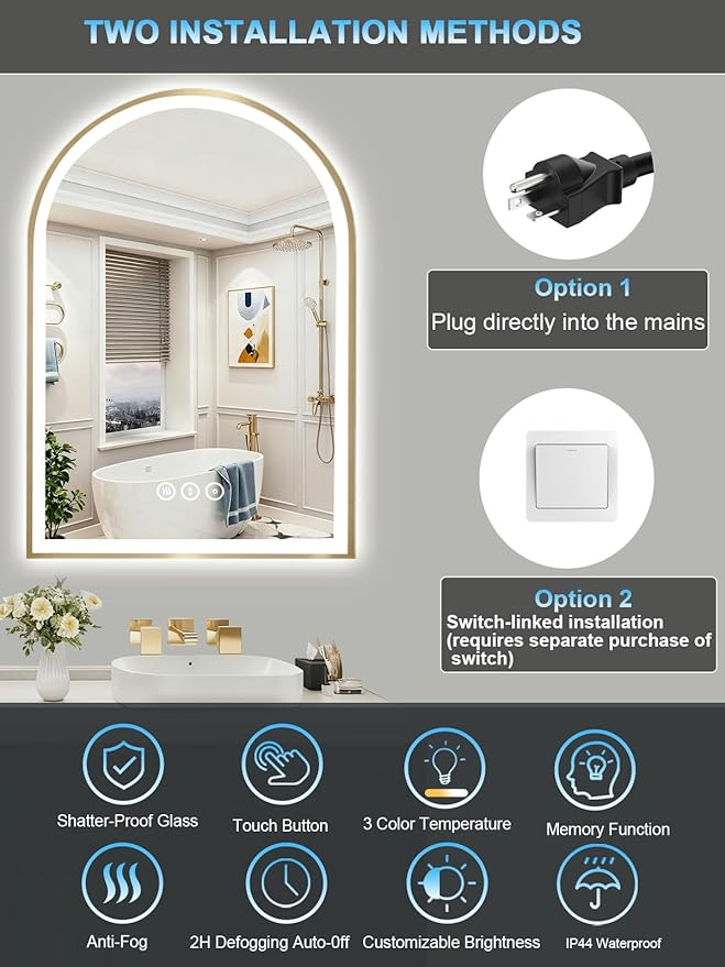 20x30 Inch Arch LED Bathroom Mirror, Gold Lighted Bathroom Mirrors Wall Mounted, Vanity Mirror with Anti-Fog, Memory Function, 3 Color Temperature, Dimmable Led Mirror for Bathroom