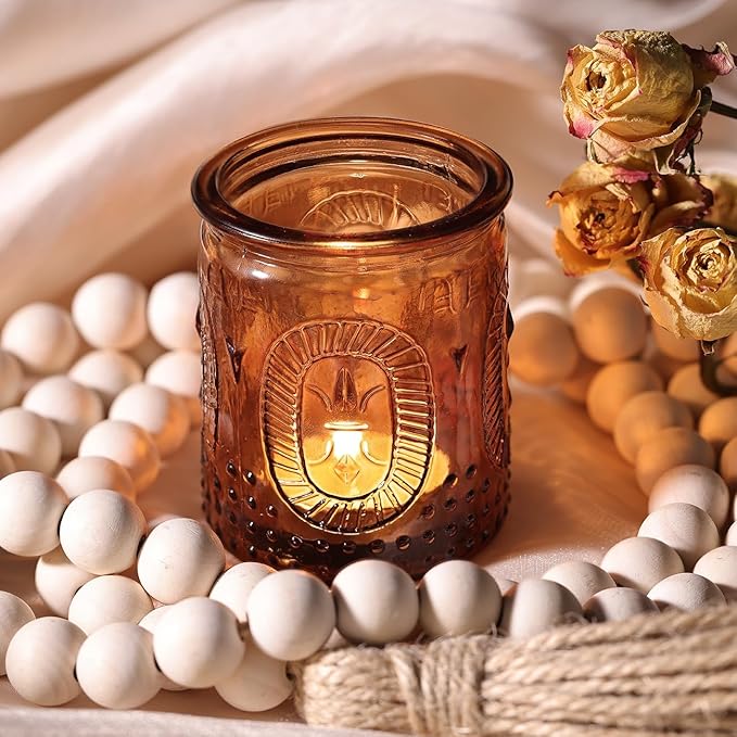 12 Pcs Vintage Amber Votive Candle Holders- Glass Amber Candle Holder for Centerpiece Table Decorations, Tea Light Candle Holders for Wedding Decor, Fall Decor, Thanksgiving and Christmas