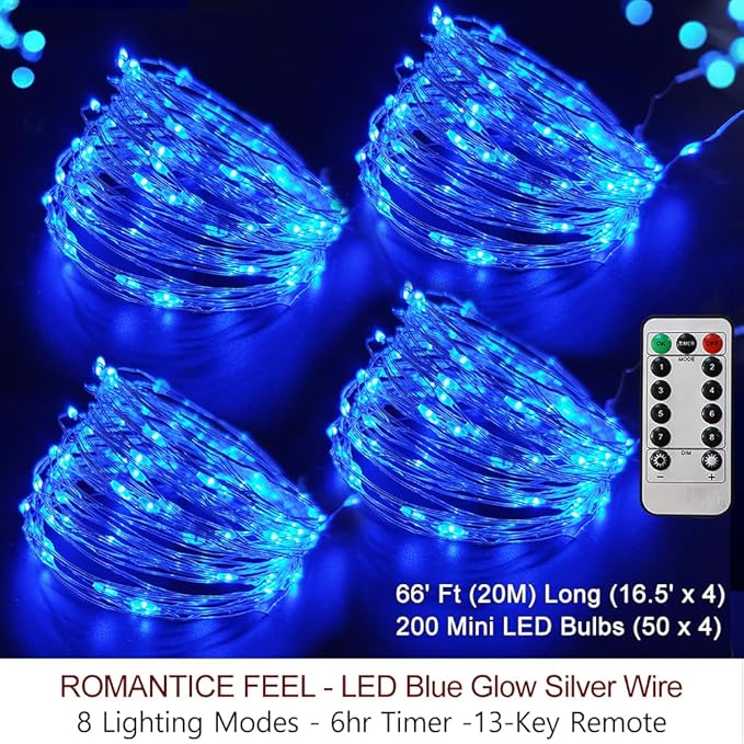 Bright Zeal 66 Ft 200 LED 8 Mode Blue Christmas Fairy Lights Battery Operated with Timer and Remote - 8 Modes Christmas String Lights Outdoor Waterproof Twinkle Xmas Lights Silver Wire String Lights