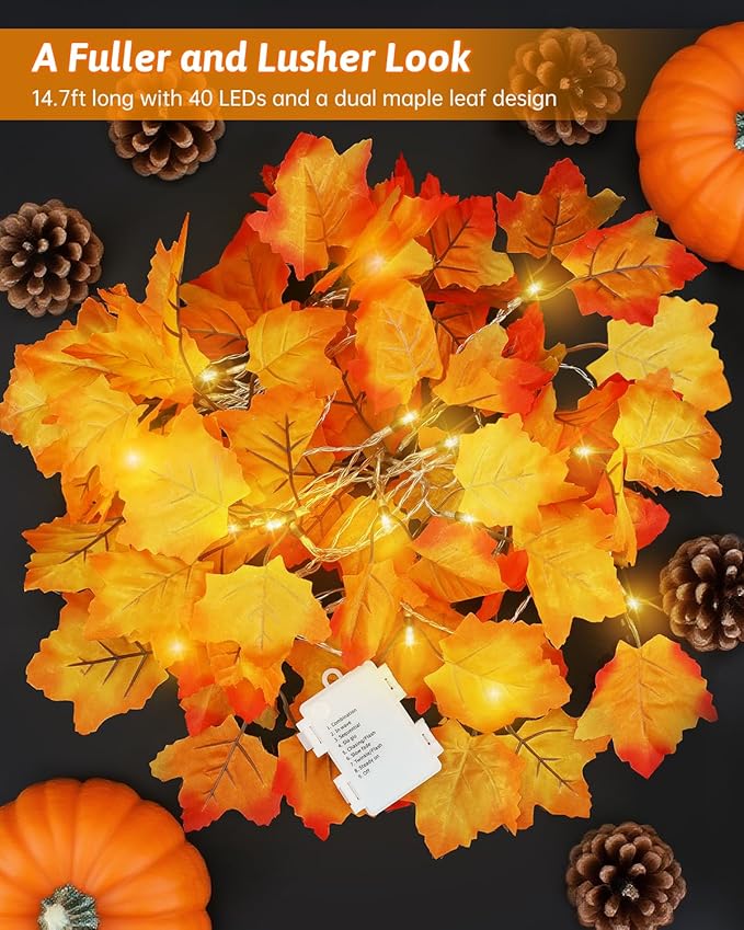 Luditek 8 Lighting Modes & Timer Fall Decorations for Home Maple Leaf Garland with Lights 40LED Battery Operated Waterproof String Lights, Thanksgiving Halloween Fall Decor Indoor Outdoor Autumn