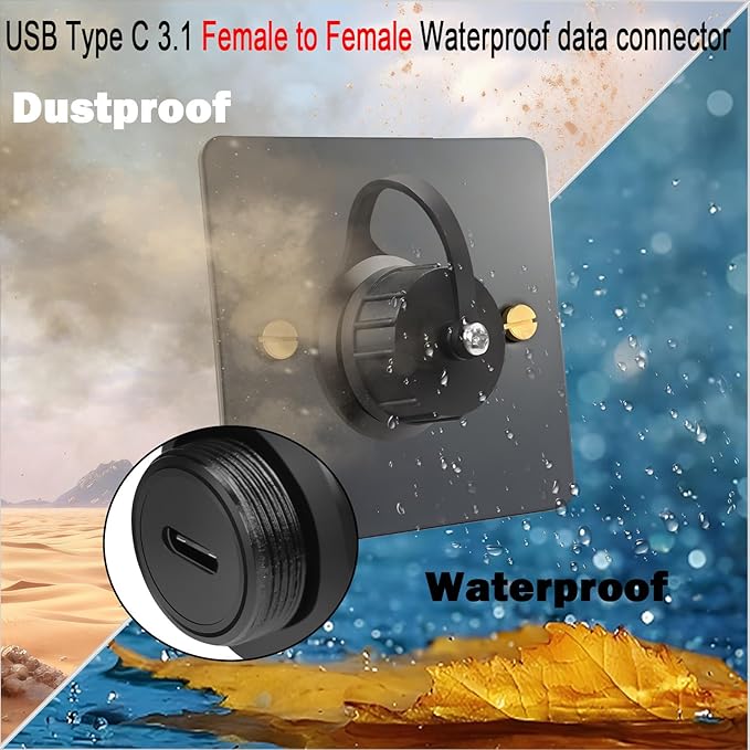 QIANRENON 10Gbps USB C Waterproof Data Adapter USB Type C 3.1 Female to Female Panel Mount Waterproof Connector USB C Feedthrough Bulkhead Mount Socket 50V/1.5A, for Outdoor Data Transfer/Charging