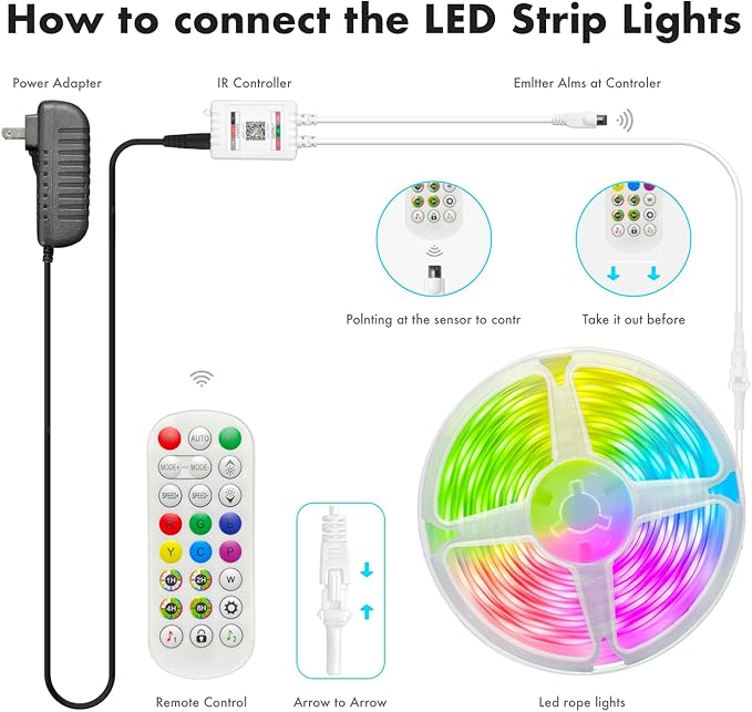 Led Lights for Bedroom, IC+RGB 65.6FT Strip Lights, 24Key Remote with App Control, Music Sync Color Changing for Room Decor Party
