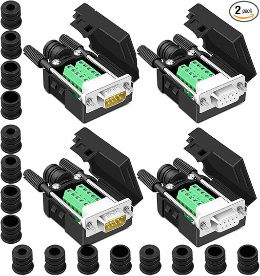 4PCS DB9 Breakout Connector, 2Male + 2Female RS232 D-SUB Serial to 9-pin Port Terminal Adapter Connector, with Case, Long Bolts, Tail Pipe