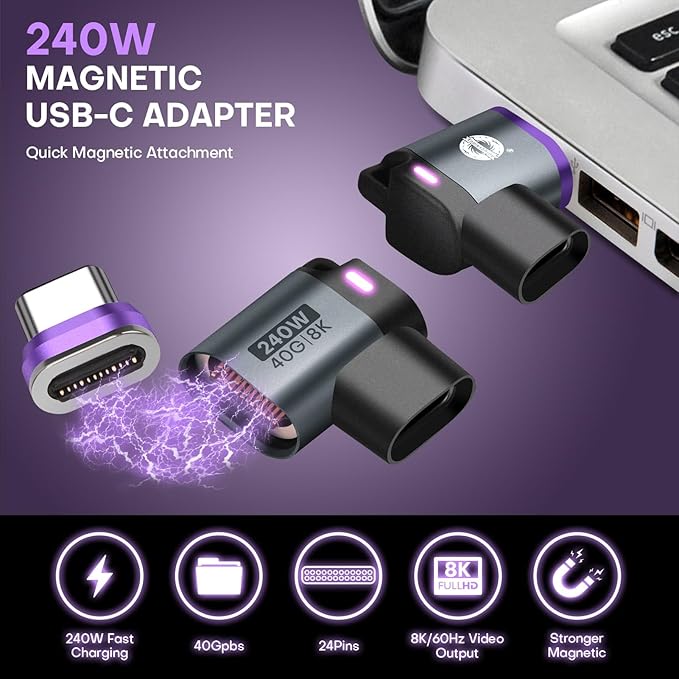 Magnetic USB Adapter Type C to C 2 Pack Narrow-L Angle USB4.0 24 PIN 40GPS PD 240W Phone OTG Replacement & Extender 8K 60Hz Vidoe in/Out Type C Connectors (Black)
