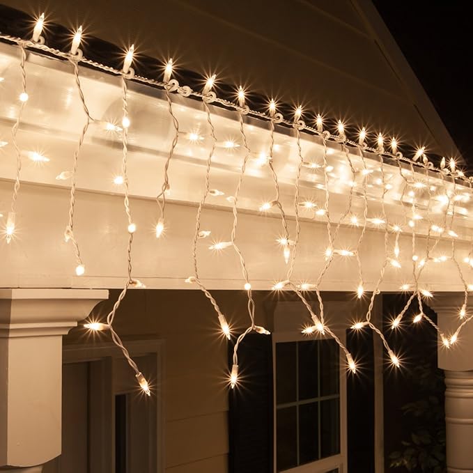 Kringle Traditions 8.5 ft 150 Clear Icicle Lights - White Wire, Indoor/Outdoor Christmas Icicle Lights
