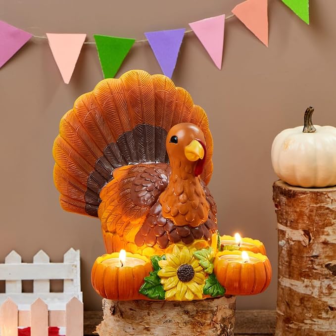 JOYIN Thanksgiving Turkey Candle Holders, Thanksgiving Turkey Tabletop Centerpiece Decor, Fall Centerpiece Table Decorations, Tea Light Pumpkin Candle Holder, Indoor Home, Kitchen Autumn Decor