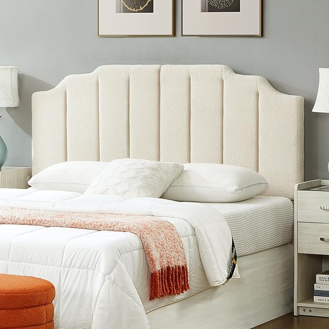 24KF Cream Teddy Fabric Tufted for Queen Upholstered Headboard, Modern Vertical Channel Design Full Headboard with Stepped Silhouette Top Edge, 6026-Q-Teddy Cream