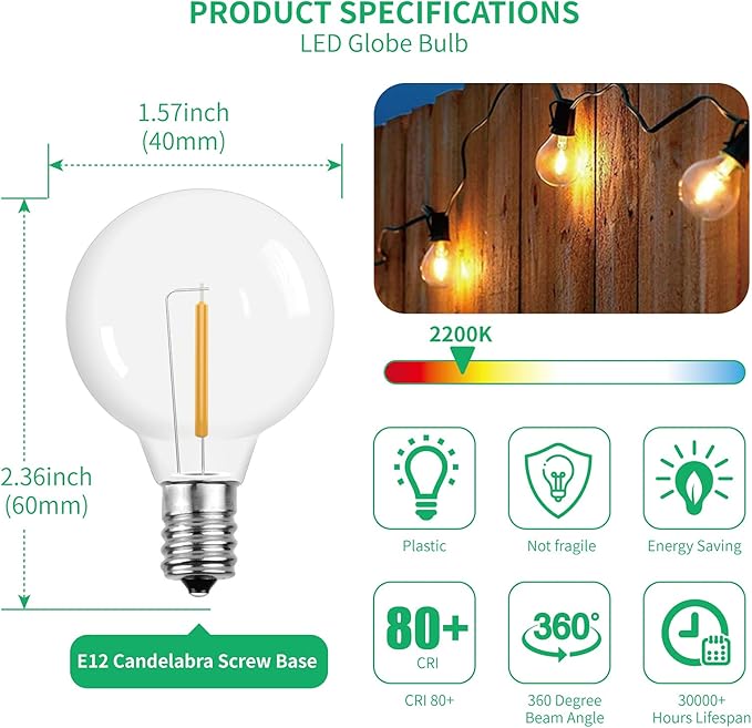 Meconard G40 1.57 Inch Led Replacement Light Bulbs, E12 Screw Base Shatterproof LED Small Globe Light Bulbs for Outdoor String Lights, 1Watt Equvalent to 5 Watt Incandescent Bulbs, Warm White, 25Pack
