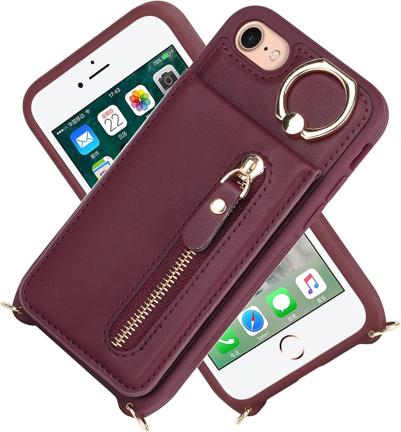 iPhone 7 8 SE (2020) Case with Card Holder, Red Wine Wallet with Strap, Credit Card Slots, Crossbody Kickstand