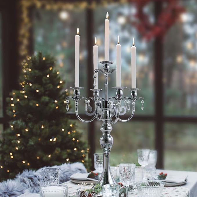 20.3'' Tall 5 Arm Candle Holder Centerpiece for Table, Metal Candelabra Candle Holder, Retro Candlestick Table Centerpieces for Party, Events, Home, Wedding Decor (1Pc, Silver)