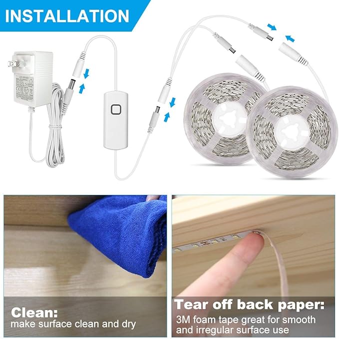 MYPLUS Under Cabinet Lighting Kit, 32.8 Ft Dimmable Led Strip Lights with 600 LEDs,12V, Low Power Safety Adapter, Flexible Tape Light for Kitchen Cabinet,Bedroom,Counter,Shelf (Warm White-3000k)