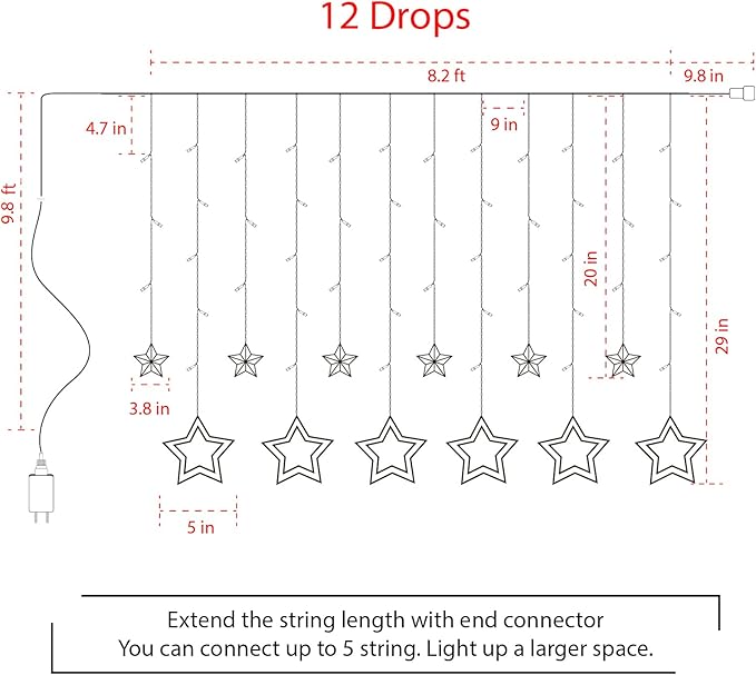 Star Curtain Lights for Bedroom - Plug-in 9ft 138 LED Fairy Twinkle Lights with 12 Star Drops, Connectable Window Lights with Remote 8 Lighting Modes for Indoor Xmas Ramadan Decoration, White