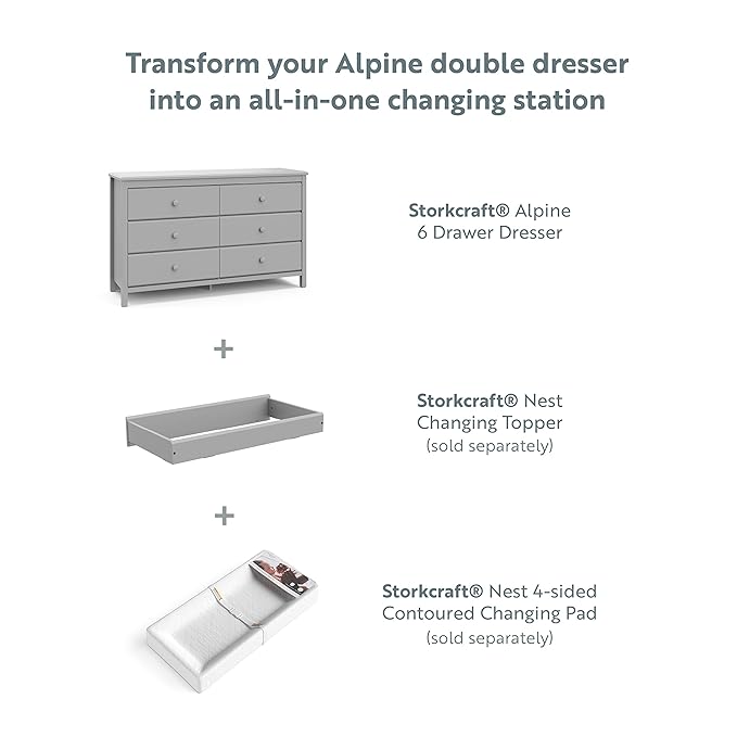 Storkcraft Alpine 6-Drawer Dresser (Pebble Gray) – GREENGUARD Gold Certified, Gray Dresser for Bedroom, Kids & Nursery Storage Drawers, Safety Interlocking Drawers, Pre-Installed Tracks, Kids Bedroom