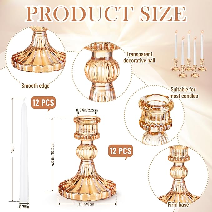 Suclain 24 Pcs Glass Taper Candle Holder Sets 12 Candlestick Holder with 12 White Long Candles for Wedding Party Decor Dinner Decoration(Amber)