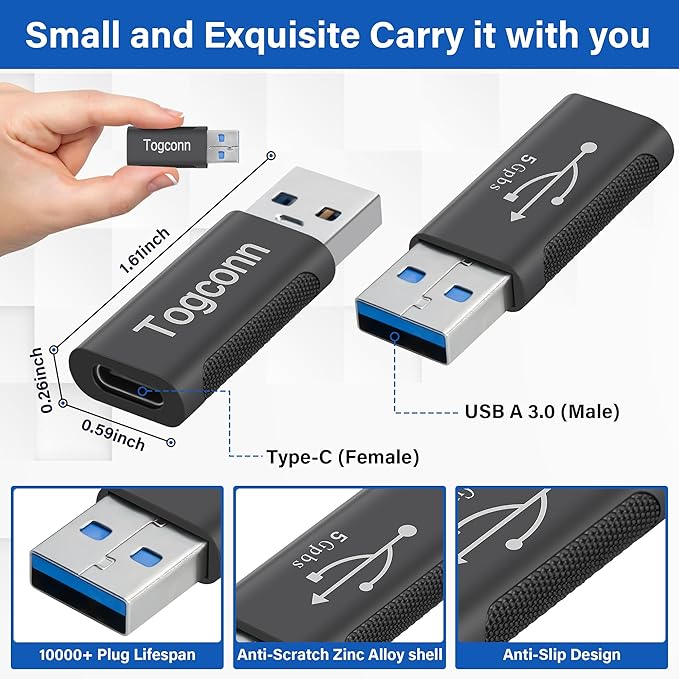 USB A to USB C Adapter (2 Pack), [Slim Design, Side-by-Side Use] USB 2.0 (Male) to USB C (Female) Charger Converter Connector for MacBook Pro, iPad Pro, iPhone 15 Series, Galaxy S23, Zinc Alloy Shell