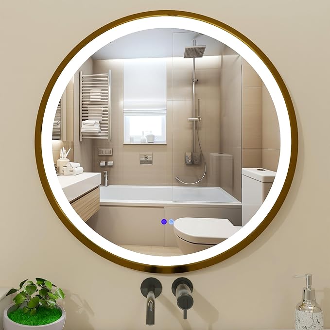 Round LED Bathroom Mirror with Lights, Front Lit Makeup Mirror, Anti-Fog, 3 Colors and Dimmable Light, 36 Inch Gold Frame