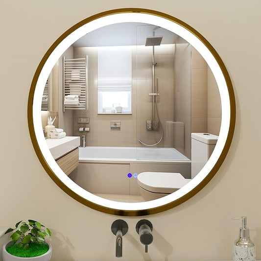 Round LED Bathroom Mirror with Lights, Front Lit Makeup Mirror, Anti-Fog, 3 Colors and Dimmable Light, 36 Inch Gold Frame