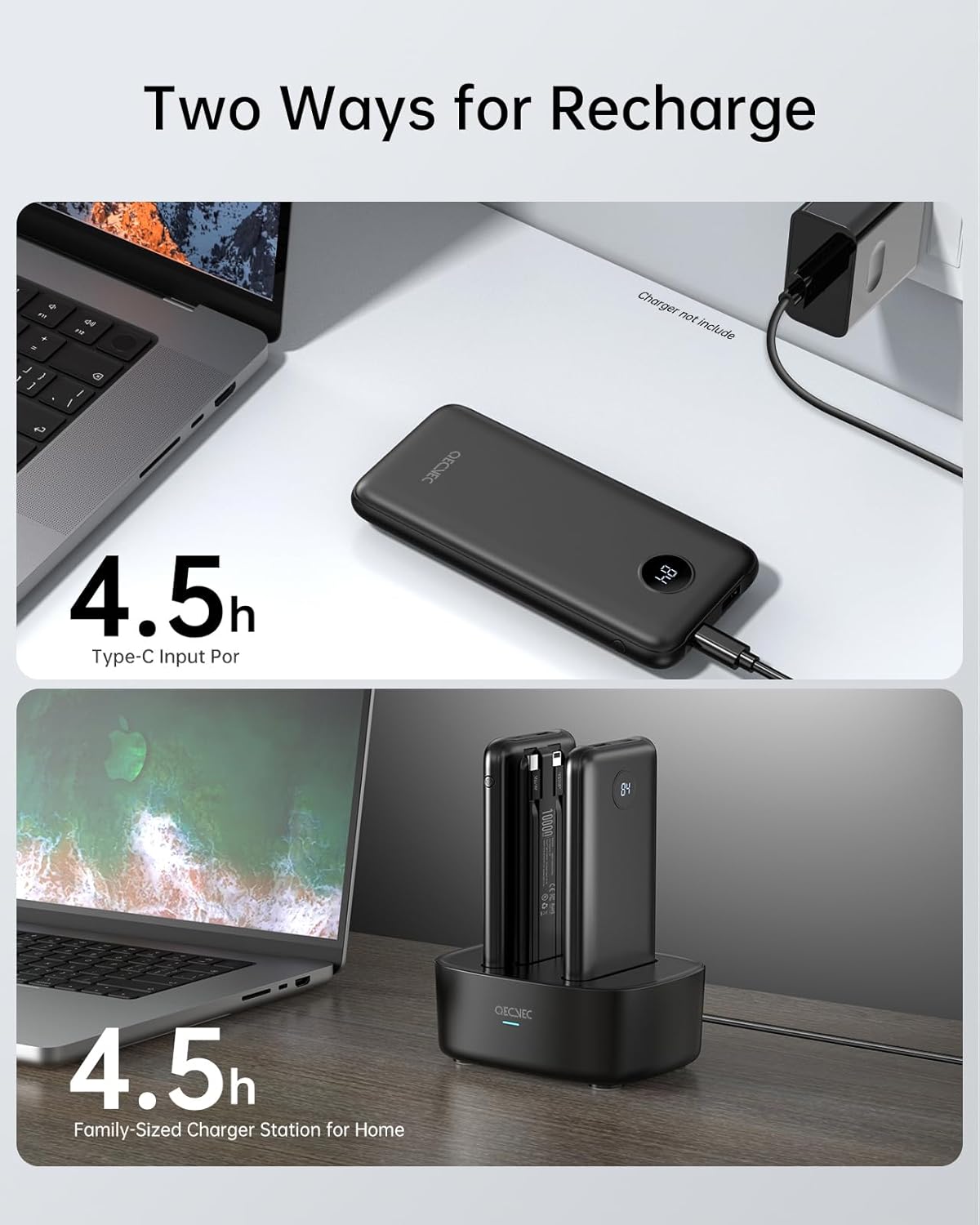 Portable Charger, 2-Pack 10000mAh Power Banks, 15W Fast Charging Battery Pack with Cords for iPhone, Galaxy, Pixel