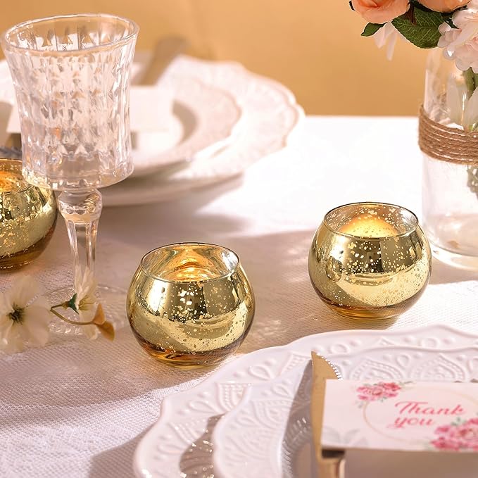 LAMORGIFT 24 Pcs Gold Votive Candle Holders -Gold Mercury Glass Candle Holders, Diwali Decorations for Home, Wedding Centerpieces for Tables, Christmas Tea Light Holders