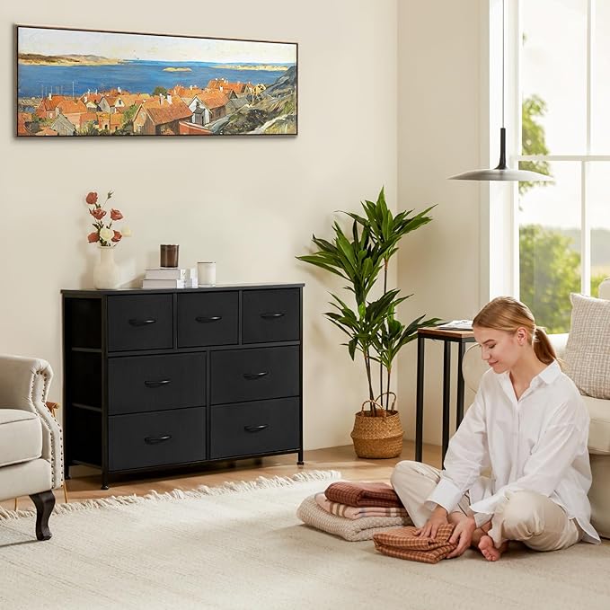 Sweetcrispy Dresser for Bedroom TV Stand Fabric Dresser with 7 Drawers, Dresser Chest of Drawers Organizer Wood Tabletop, Dresser for Closet, Living Room, Entryway, Black