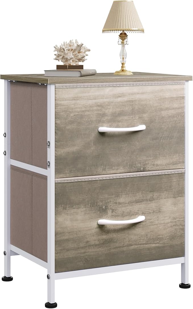 WLIVE Nightstand, 2 Drawer Dresser for Bedroom, Small Dresser with 2 Drawers, Bedside Furniture, Night Stand, End Table with Fabric Bins for Bedroom, Closet, College Dorm, Greige Oak