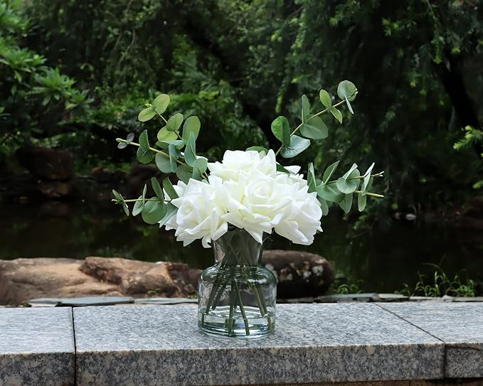 14" Artificial Flowers with White Roses in Vase, Fake Flowers in Artificial Water Vase, Silk Flower Arrangements with Artificial Flowers for Home Dining Table Decor.