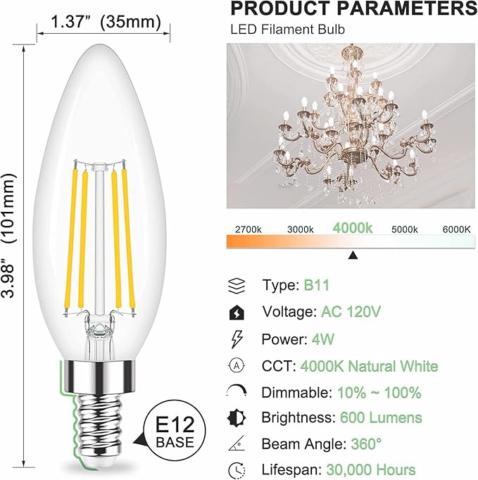 Honesorn E12 Led Bulbs, 4W(60W Equivalent Candelabra Led Light Bulbs, 4000K Natural White Chandelier Light Bulbs, 600LM Clear Glass C35 Light Bulbs with Filament, Dimmable Candle Light Bulbs Pack of 6