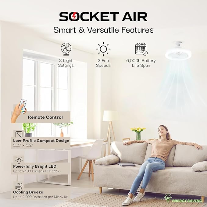 Bell+Howell SocketAir Wireless Ceiling Fan Light with Remote Control, Extender,110-120 Volt, 2100 Lumens, 3 Fan Speeds, 3 Light Settings, 6500K for Living, Dining, Working Space ASON TV