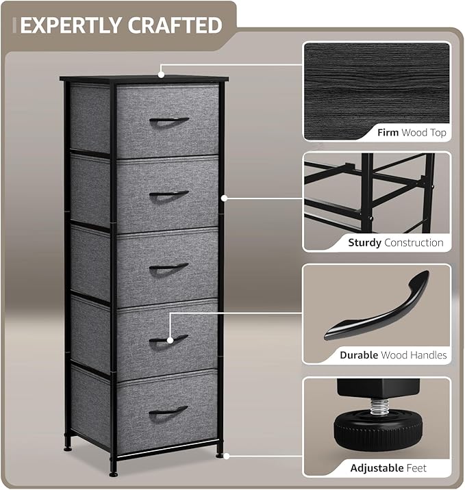 Sorbus Nightstand with 5 Drawers - Bedside Furniture & Night Stand End Table Dresser with Steel Frame, Wood Top, Easy Pull Fabric Bins for Home, Bedroom Accessories, Office & Dorm