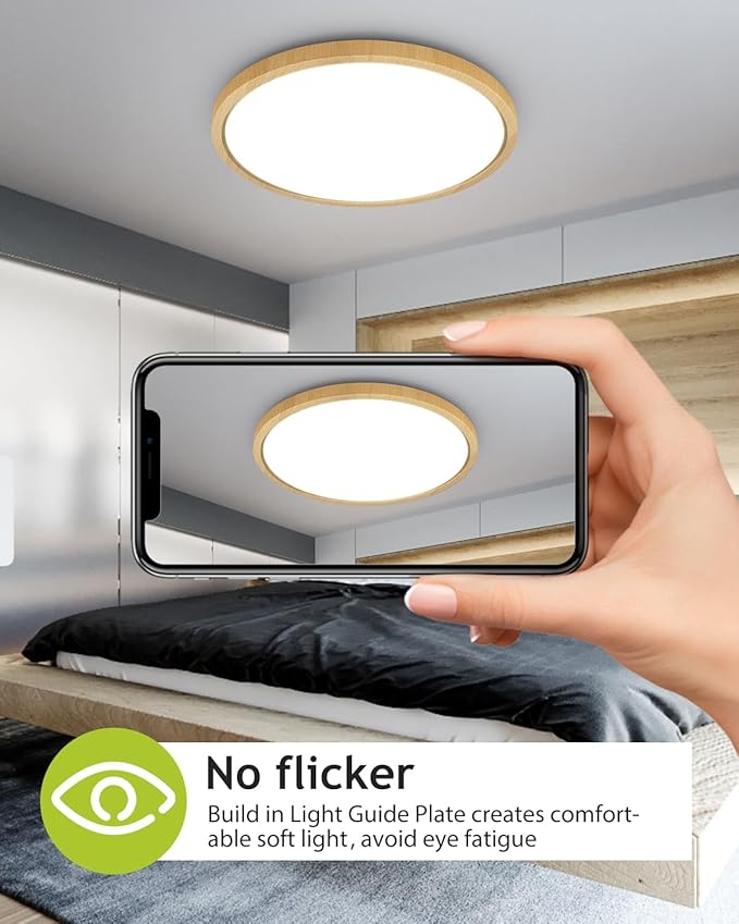 1PACK Flush Mount LED Ceiling Light Fixture Wooden, 12Inch 28Watt, Dimmable & 3000K-4500K-6000K 3 Color Selectable Ceiling Lamp 3200LM Low Profile Ceiling Light for Kitchen Bedroom Hallway Porch