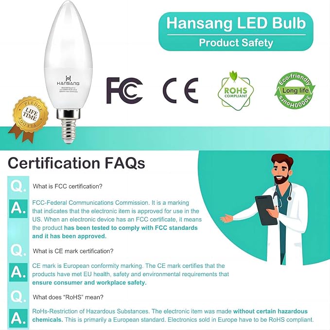 hansang 8 Pack E12 Candelabra LED Bulbs 5000K Bright Daylight, Small Base Ceiling Fan Light Bulb 6W, Type B Light Bulb for Chandelier, Candle Shape B11 Light Bulb, 600LM, Non-dimmable