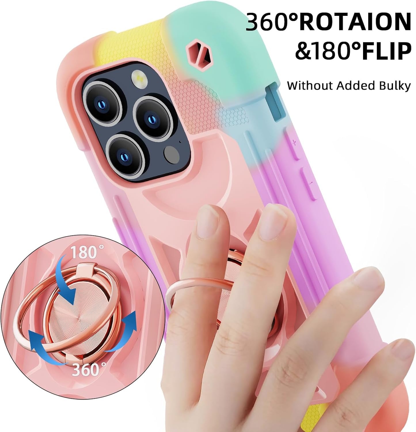 iPhone 15 Pro Max Case 6.7", Heavy-Duty Shockproof Military-Grade Rugged Cover with Ring Stand and Protectors - Rainbow