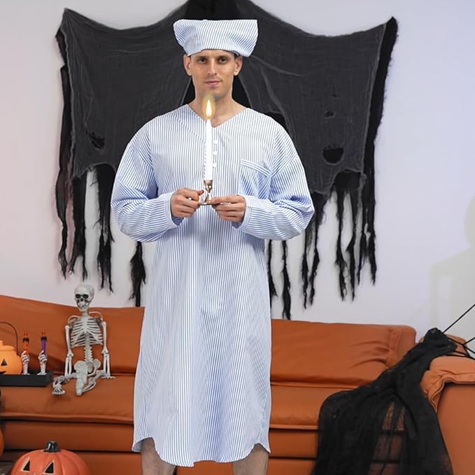 Toulite 4 Pcs Men's Pajama Set Includes Men's Nightshirt Night Sleeping Cap Candle Holder and Candle for Halloween Christmas(Medium)