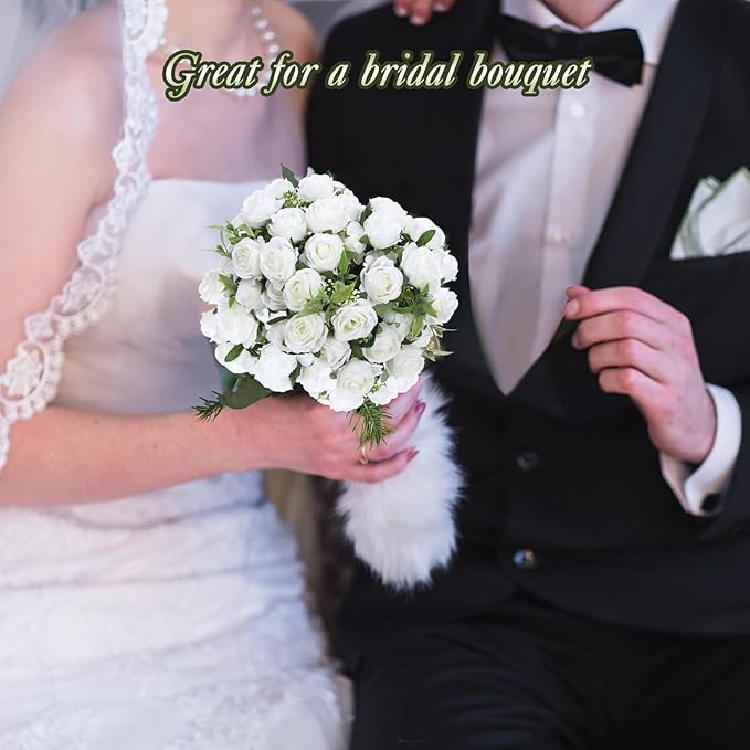 Zeyune 8 Pack 12 Inch Wedding Artificial Mini Rose Bouquet White Silk Flowers Bunches Bulk Fake for Wedding Bridal Christmas Home Office Garden Parties Decoration