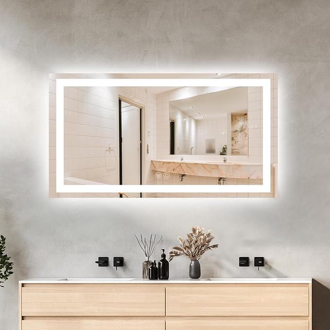 55 x 30 LED Vanity Mirror for Bathroom, Frontlit & Backlit LED Mirror for Bathroom with 3 Colour Lights, Wall Vanity Mirror with Anti-Fog, Shatterproof & Memory Function, Perfect for Modern Bathrooms