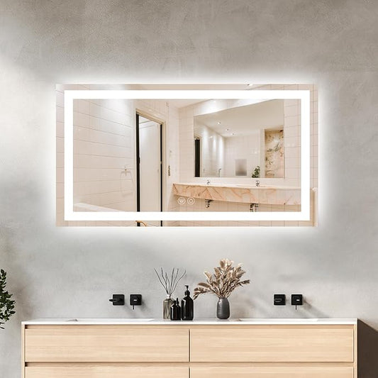 55 x 30 LED Vanity Mirror for Bathroom, Frontlit & Backlit LED Mirror for Bathroom with 3 Colour Lights, Wall Vanity Mirror with Anti-Fog, Shatterproof & Memory Function, Perfect for Modern Bathrooms