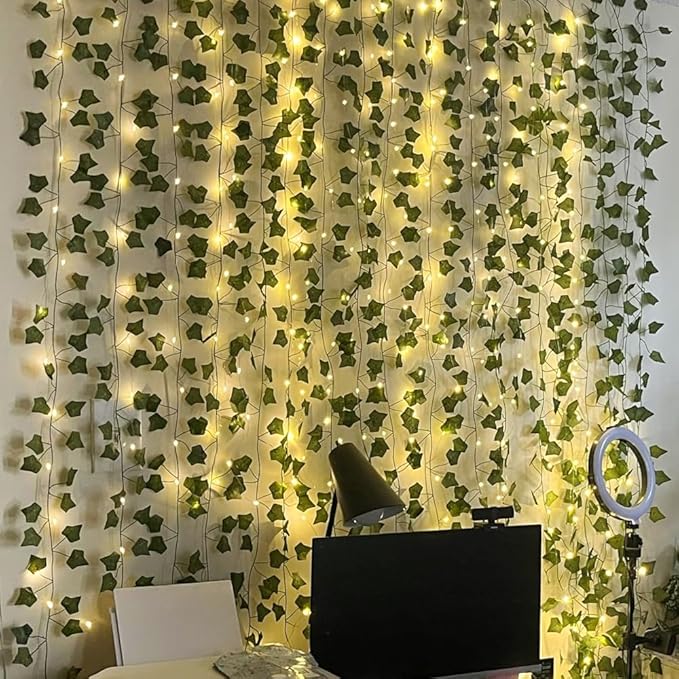 RECUTMS 118 Inches Plant Garland Hanging Vines with Lights LED Strings Artificial Ivy Fake Greenery Leaf Plants Faux Silk Green Leaves Plastic Flower for Party Room Patio Wall Bedroom Outdoor Decor