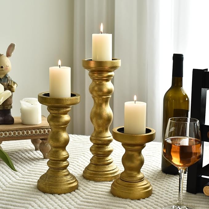 SWALLOWLIVING Rustic Farmhouse Wood Pillar Candle Holder Set of 3 for Candlestick, Gold