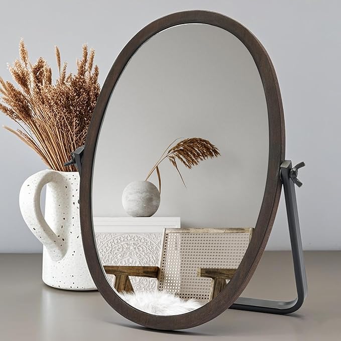 Generic Vanity Table Makeup Mirror-Desk Small Standing Vintage Mirrors 360° Adjustable Rotation, Bronze Wood Framed for Dressing Table,Bedroom, Bathroom,Tabletop,Antique,Desktop 11.8'' x 7.8''