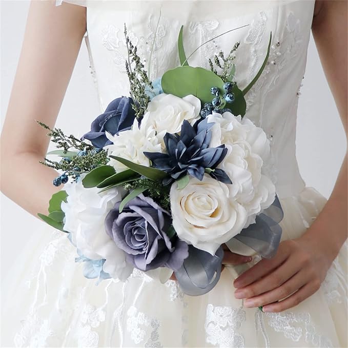 Wedding Bouquet Artificial Navy Blue Roses Flower Bride Bridal Bouquets Handmade Silk Flower Wedding Bride Bouquets for Church Party Home Decoration (Navy Blue)