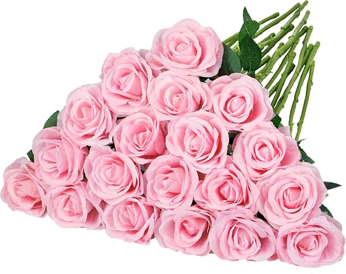 Ouddy Decor 20 Pcs Red Roses Artificial Silk Flowers Fake Roses Bouquet with Long Stems for Valentines Day Decor Wedding Home Party Table Centerpieces Bridal Bouquet DIY Floral Arrangment, Pink