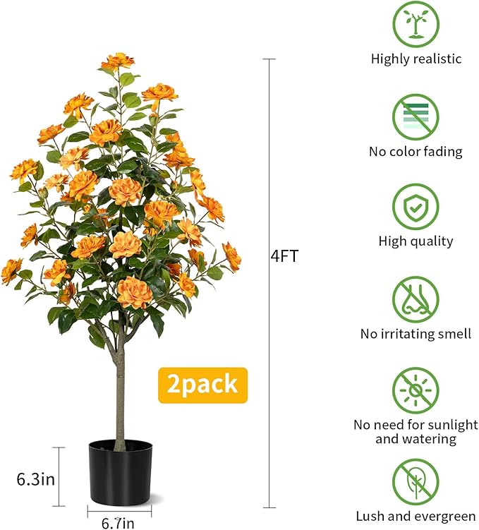 Artificial Camellia Tree 2 Pack, Artificial Plants Outdoor Faux Floral Plant in Cement Pot Fake Silk Camellia Tree Plants for Home House Living Room Office Decor