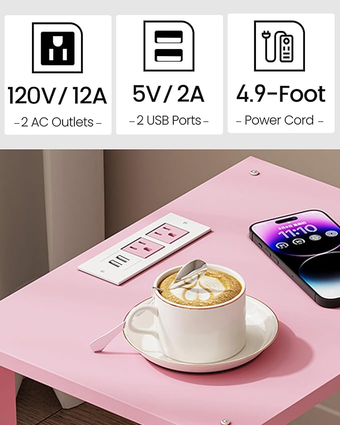 TUTOTAK End Table with Charging Station, Set of 2, Small Side Table with Outlets, Nightstand Bedside Table, 2-Tier Storage Shelf for Small Space, Living Room, Bedroom Pink TB01BP041
