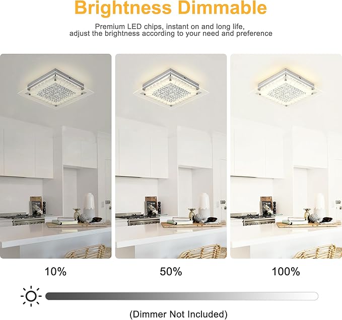 Flush Mount Ceiling Light 11IN Hallway Light Fixtures Ceiling Square Crystal Ceiling Light Fixture Dimmable Light Fixtures for Kitchen, Bathroom, Bedroom, Hallway Ceiling Lights